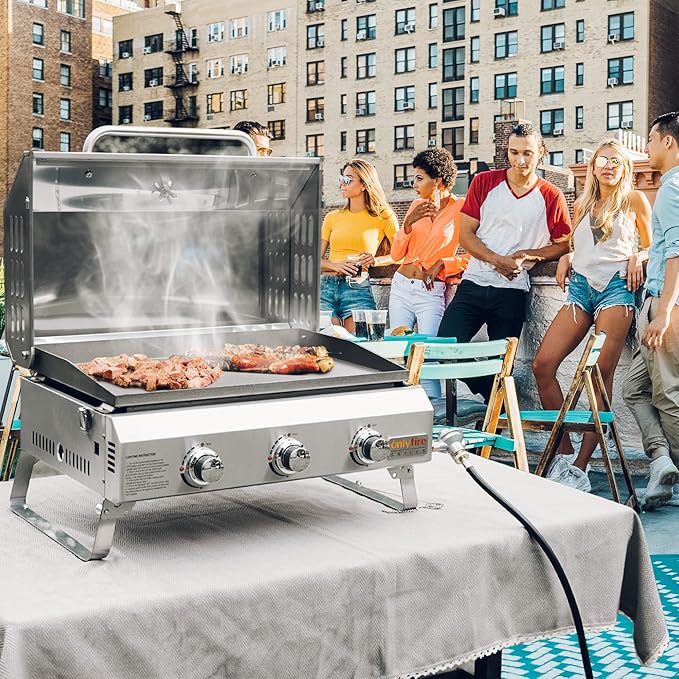 Tabletop Gas Griddle with Foldable Legs, Portable 3-Burner Propane Gas Flat Top Grill Griddle for Outdoor Cooking Patio Barbecue Camping Tailgating RV BBQ, Stainless Steel, #GS309