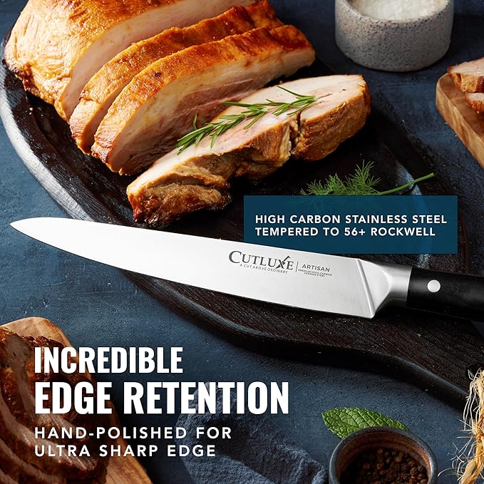 Cutluxe Turkey Carving Knife Set Carving Fork & Knife for Meat, BBQ, Brisket Razor Sharp Premium German Steel Full Tang, Ergonomic Handle Artisan Series