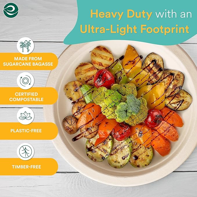 ECO SOUL 100% Compostable 10 Inch Paper Plates 200 [2x100 Pc] Disposable Party Plates I Heavy Duty Eco-Friendly Sturdy Dinner, Wedding, Event Plates I Biodegradable Unbleached Sugarcane Eco Plates