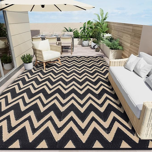 OLANLY Waterproof Outdoor Rug 8x10 ft Clearance, Reversible Outdoor Plastic Straw Rug, RV Mat, Indoor Outdoor Carpet for Patio, Camping, Balcony, Deck, Backyard, Black & Beige