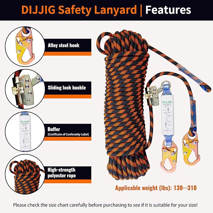 Rope Harness Safety Lanyard 150ft Vertical Roofing Rope with Grab Snap Hooks Shock Absorber Fall Protection Tree Climbing Line Kit Heavy Duty Roof Safety Equipment ANSI CE