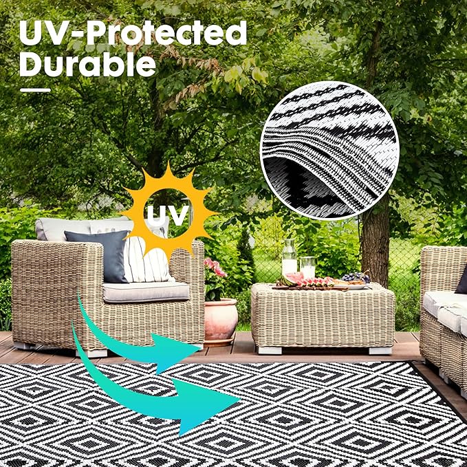 Plastic Straw Rug, Waterproof Outdoor Rug, Reversible Plastic Camping RV Rug, Large Floor Mat and Area Rug for Camping, Patio, Backyard, Deck, Picnic, Beach (H, 9 * 12)