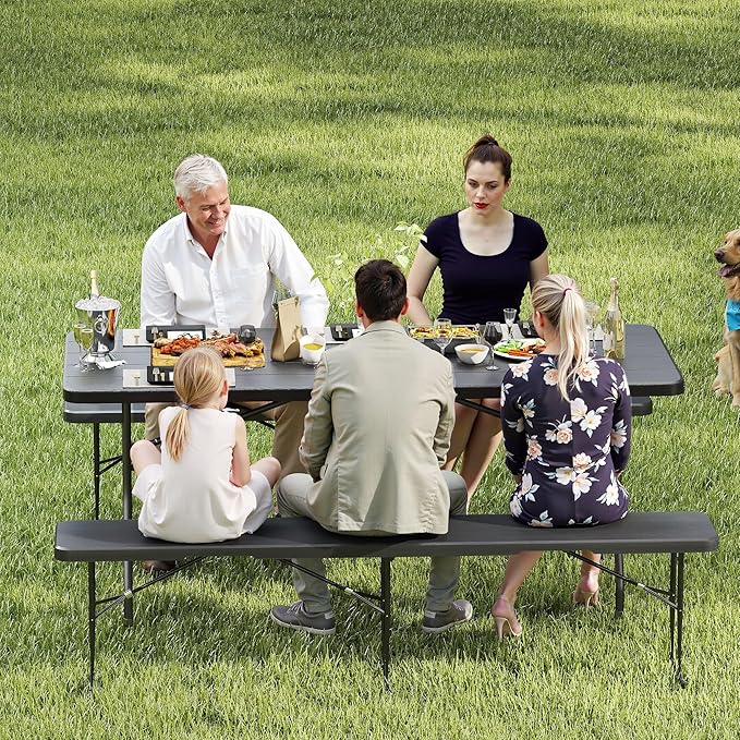 Real Relax 6' Picnic Table with 2 Benches, 3 Piece Black Wood Grain Portable HDPE Folding Camping Table and Benches for Courtyard, Garden, Outdoor Leisure, Party