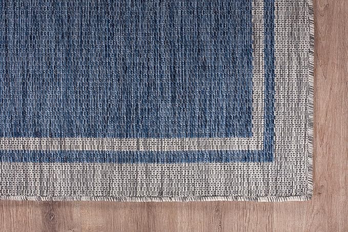 CAMILSON Outdoor Rug, 6x9 Bordered Navy Blue Gray Modern Area Rugs for Indoor and Outdoor Patios, Porches Waterproof Washable Porch Deck Outside Carpet (Bordered Navy, 6 x 9)