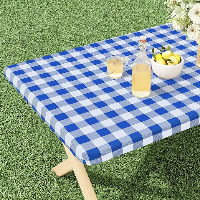 misaya Buffalo Rectangle Picnic Tablecloth, 6 Foot Elastic Fitted Vinyl Table Cloth with Flannel Backing, Waterproof Plaid Table Covers for Dining, Camping, Outdoor (Blue and White, 30" x 72")