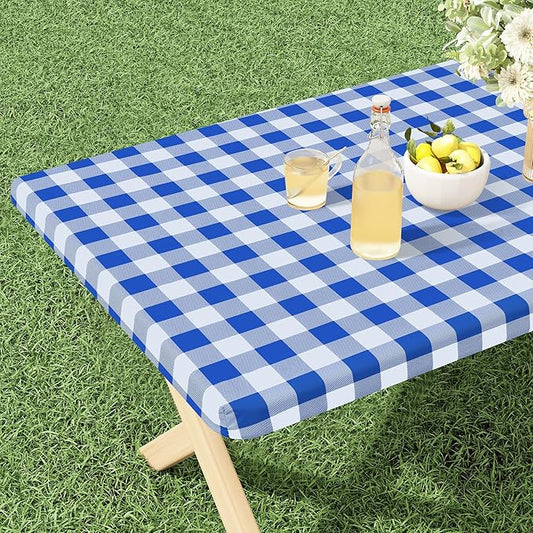 misaya Buffalo Rectangle Picnic Tablecloth, 6 Foot Elastic Fitted Vinyl Table Cloth with Flannel Backing, Waterproof Plaid Table Covers for Dining, Camping, Outdoor (Blue and White, 30" x 72")